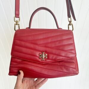 Tory Burch Kira Chevron Top Handle Satchel Apple Red Leather Convertible Bag